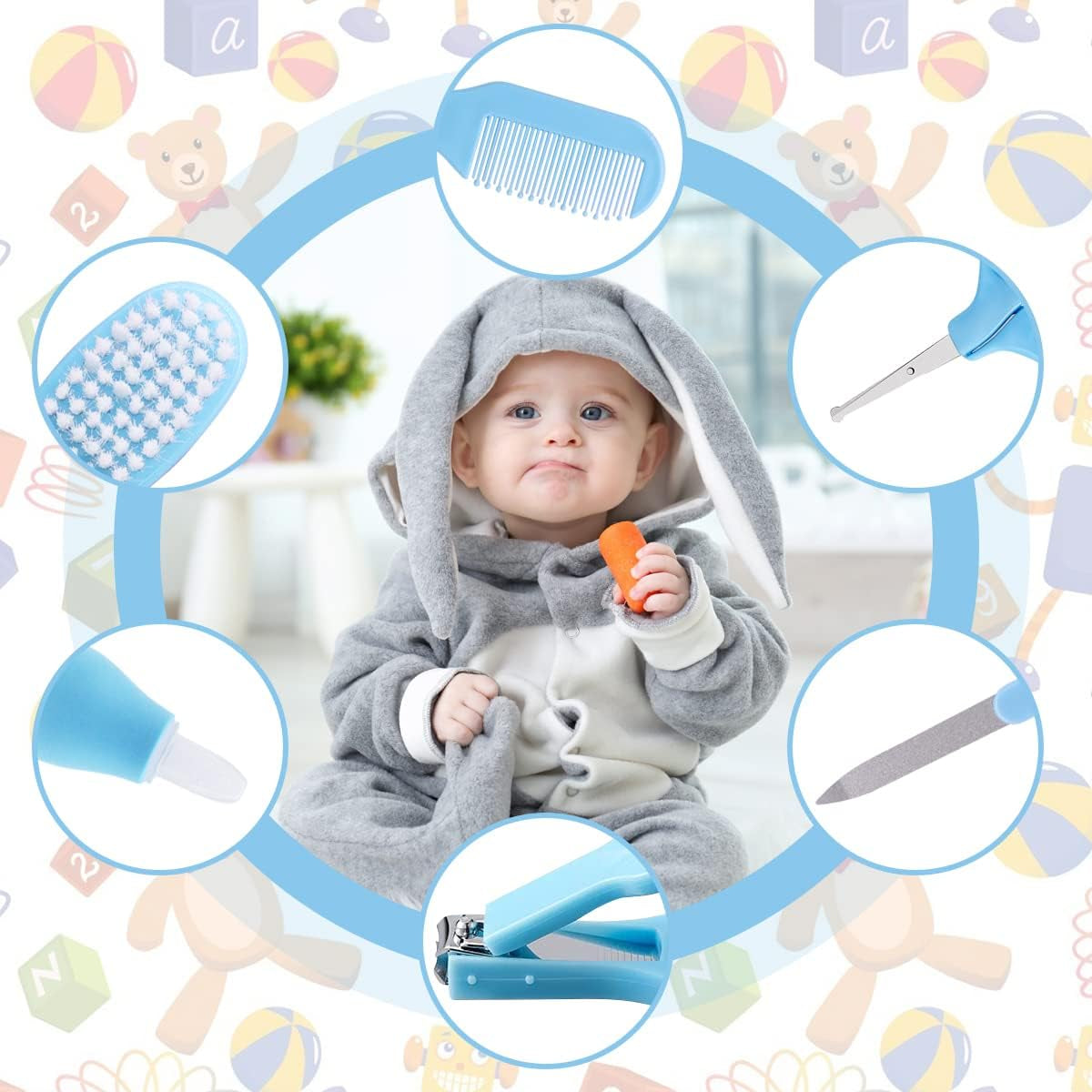 8Pcs Baby Grooming Kit, Newborn Baby Care Accessories with Zipper Box, Baby Hair Nail Thermometer Care Set, Baby Healthcare Set for Newborn Infant, Toddler Girls & Boys (Blue)