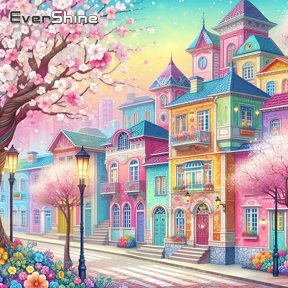 5D DIY Diamond Mosaic House Street Complete Kit Painting Pink Scenery New 2024 Embroidery Full Display Gifts for Women