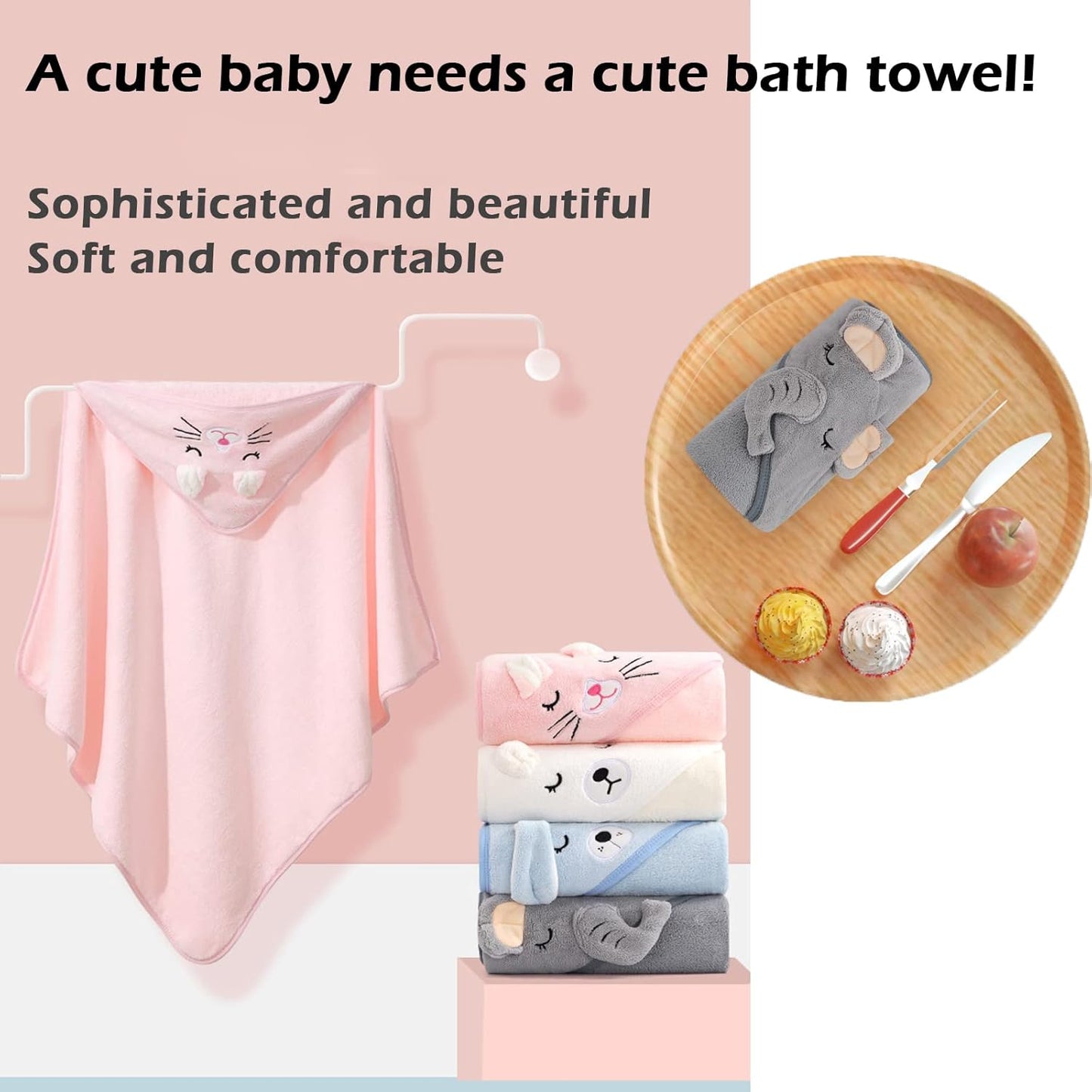 Hooded Baby Towel, Baby Bath Towels with Hood,Unique Animal Design Baby Towel with Hood Soft Absorbent Baby Bath Towels, for Newborn Baby Boy and Girl (Grey), 80 X 80 Cm