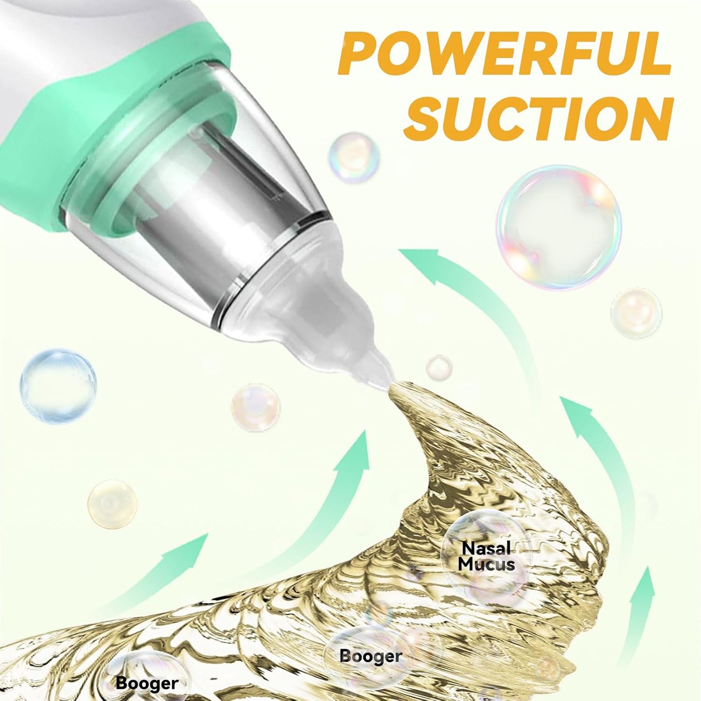 Electric Baby Nasal Aspirator, Baby Nose Cleaner, Baby Nose Sucker Vacuum Cleaner, Rechargeable Nose Cleaner with 3 Silicone Nozzles and 3 Suction Levels, White Green
