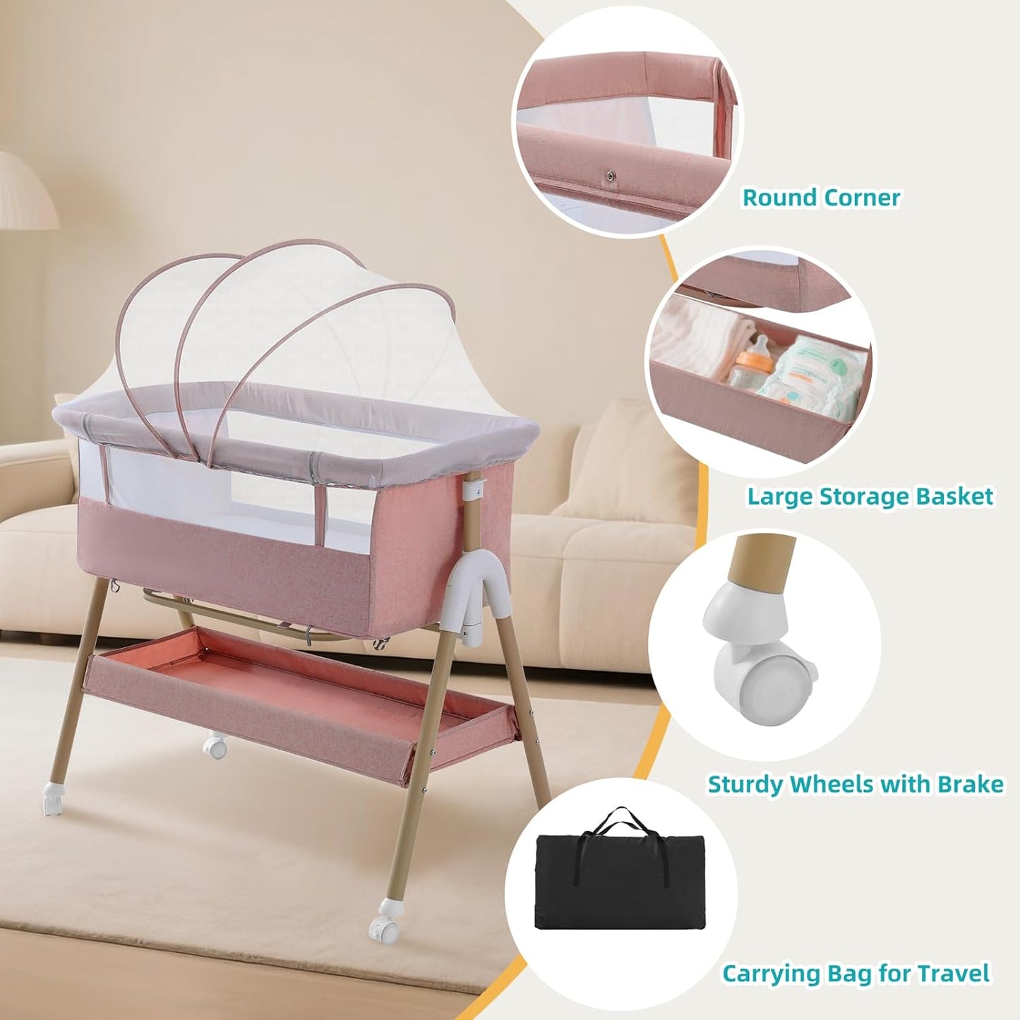 3 in 1 Baby beside Crib for Babies from Birth to 9Kg, Portable Baby Cot Bed Travel Baby Bassinet Bedside Crib Adjustable Height & Incline 4 Lockable Wheels Baby Co-Sleeper for Newborn Infant Pink