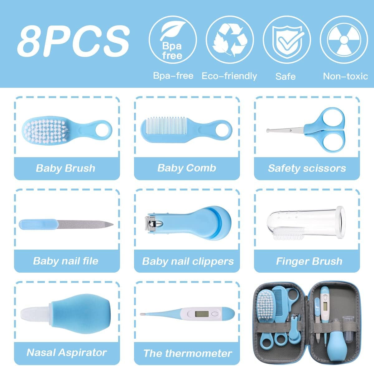 8Pcs Baby Grooming Kit, Newborn Baby Care Accessories with Zipper Box, Baby Hair Nail Thermometer Care Set, Baby Healthcare Set for Newborn Infant, Toddler Girls & Boys (Blue)