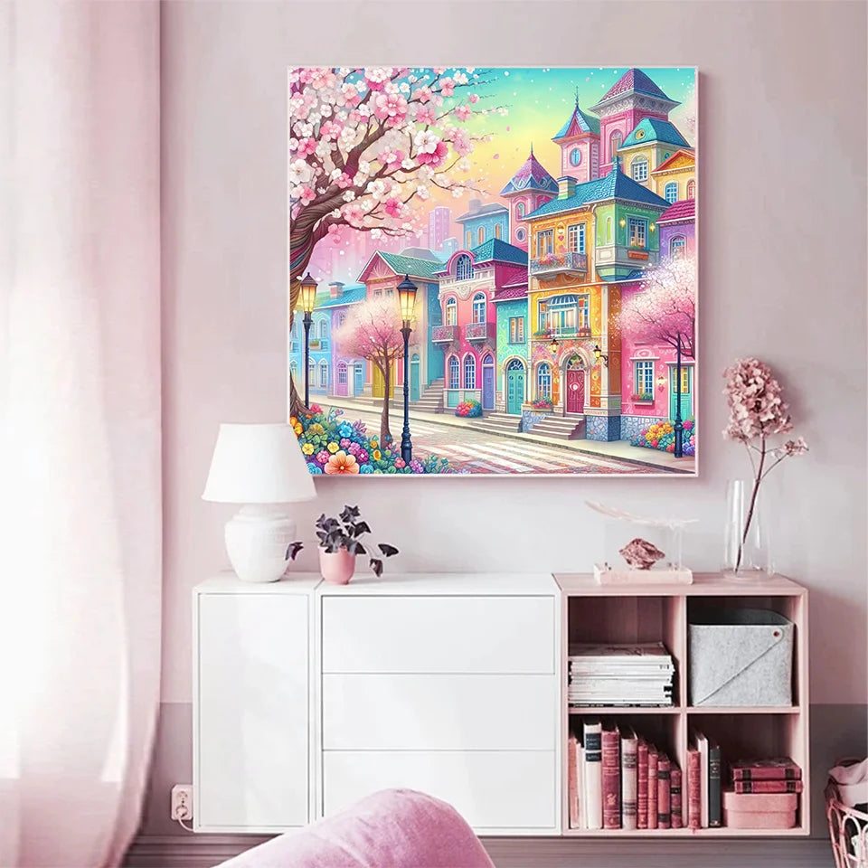 5D DIY Diamond Mosaic House Street Complete Kit Painting Pink Scenery New 2024 Embroidery Full Display Gifts for Women