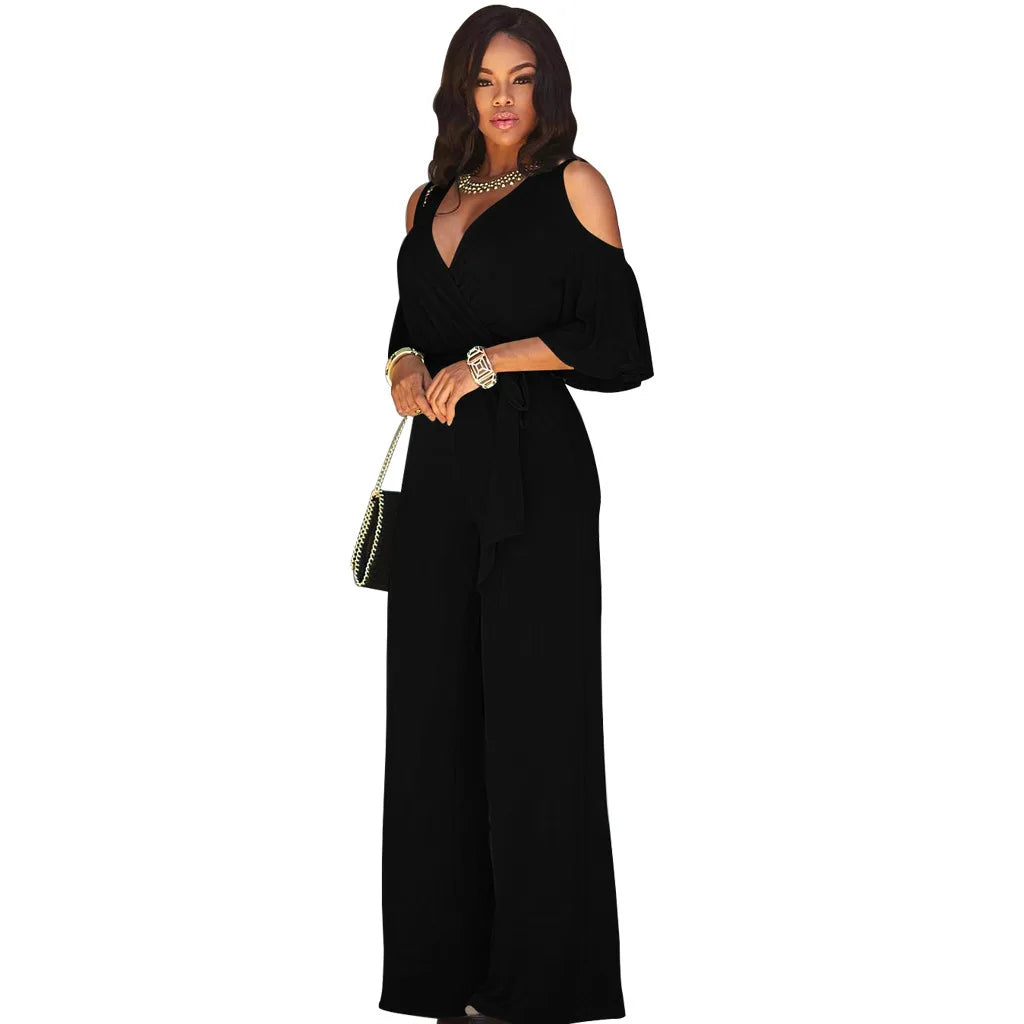 2024 Spring/Summer New Women'S Jumpsuit Loose and Elastic V-Neck off Shoulder Waist Loose Wide Leg Pants for Women'S Clothing