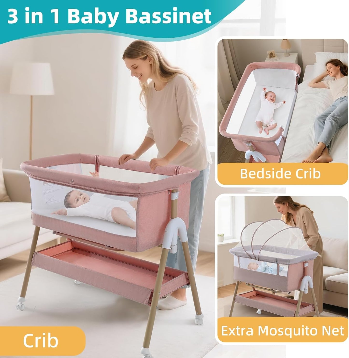 3 in 1 Baby beside Crib for Babies from Birth to 9Kg, Portable Baby Cot Bed Travel Baby Bassinet Bedside Crib Adjustable Height & Incline 4 Lockable Wheels Baby Co-Sleeper for Newborn Infant Pink