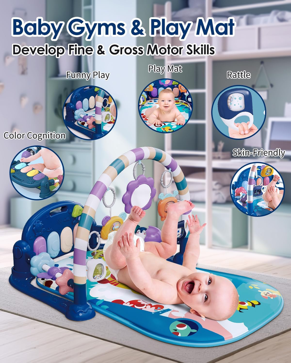 Baby Play Mat Baby Gym,Funny Play Piano Tummy Time Baby Activity Mat with 5 Infant Sensory Baby Toys, Music and Lights Boy & Girl Gifts for Newborn Baby 0 to 3 6 9 12 Months (Blue Tiger)