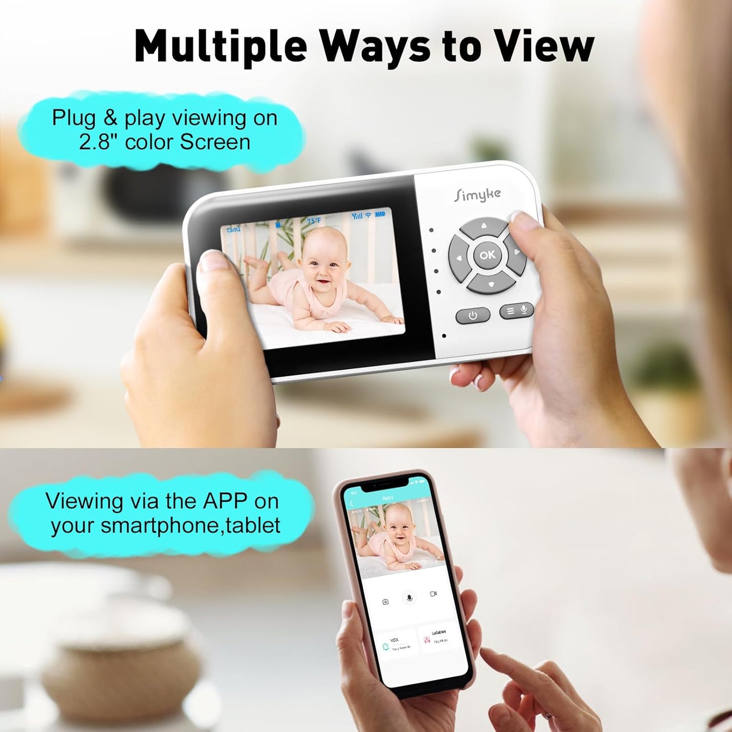 Baby Video Monitor, Wifi Baby Camera, 2.8" Screen & App Control, 1000Ft Range, 2-Way Talk, Auto Night Vision, Alert