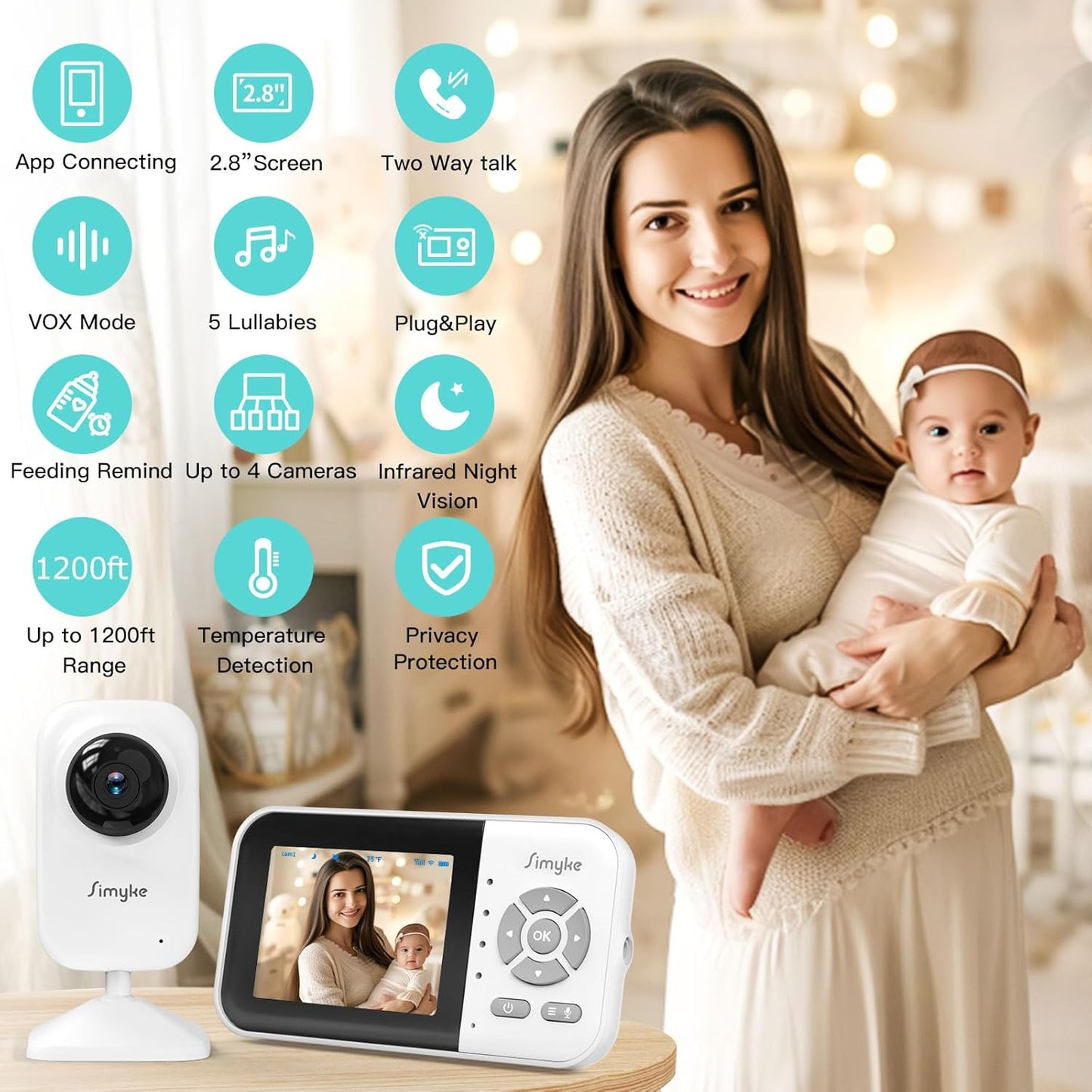 Baby Video Monitor, Wifi Baby Camera, 2.8" Screen & App Control, 1000Ft Range, 2-Way Talk, Auto Night Vision, Alert