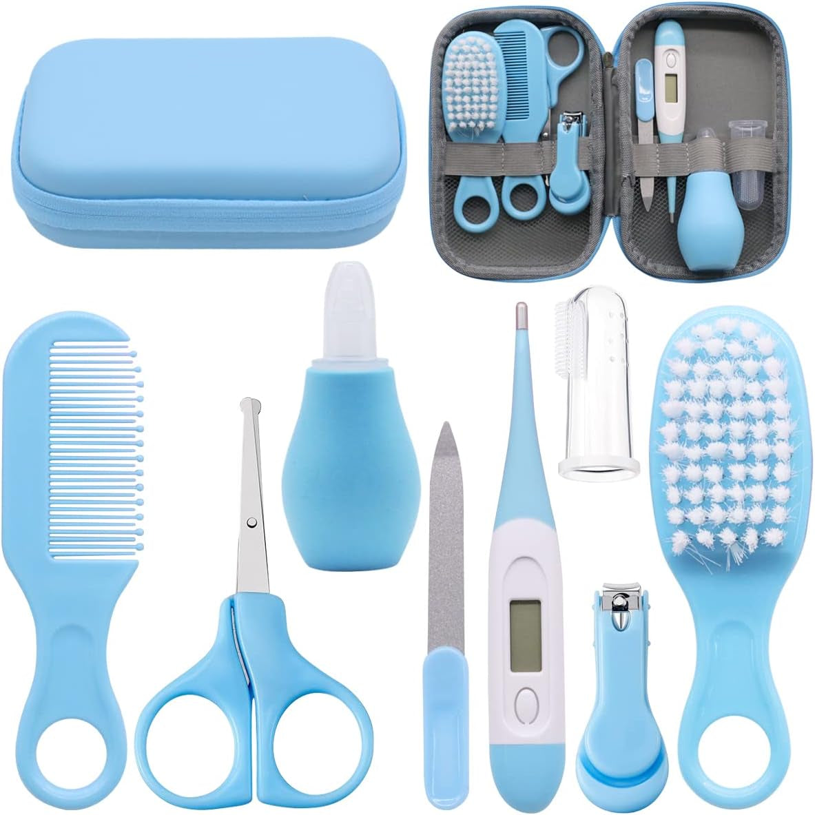 8Pcs Baby Grooming Kit, Newborn Baby Care Accessories with Zipper Box, Baby Hair Nail Thermometer Care Set, Baby Healthcare Set for Newborn Infant, Toddler Girls & Boys (Blue)