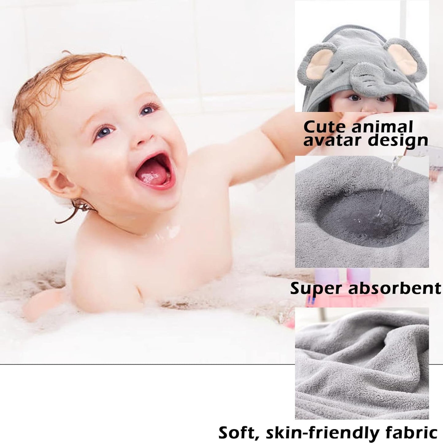 Hooded Baby Towel, Baby Bath Towels with Hood,Unique Animal Design Baby Towel with Hood Soft Absorbent Baby Bath Towels, for Newborn Baby Boy and Girl (Grey), 80 X 80 Cm