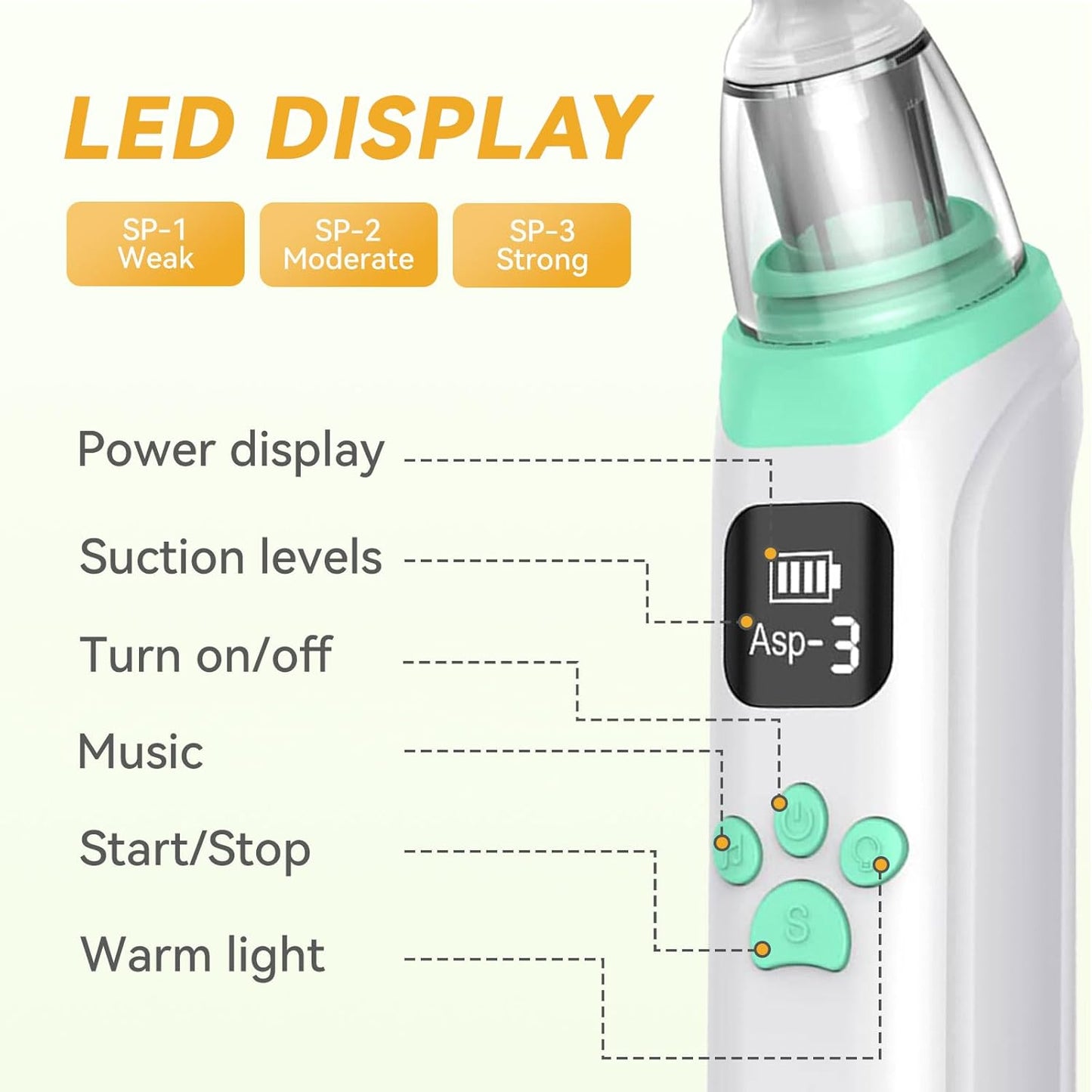 Electric Baby Nasal Aspirator, Baby Nose Cleaner, Baby Nose Sucker Vacuum Cleaner, Rechargeable Nose Cleaner with 3 Silicone Nozzles and 3 Suction Levels, White Green