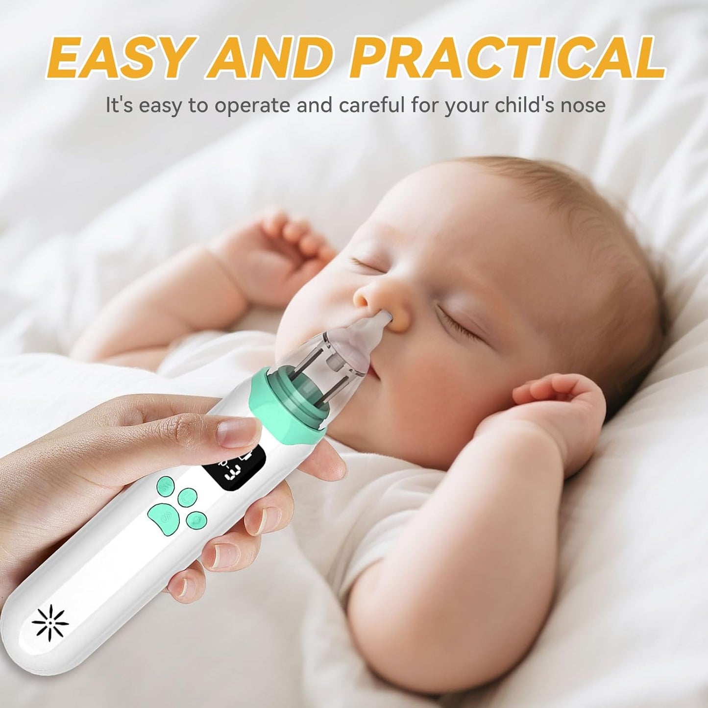 Electric Baby Nasal Aspirator, Baby Nose Cleaner, Baby Nose Sucker Vacuum Cleaner, Rechargeable Nose Cleaner with 3 Silicone Nozzles and 3 Suction Levels, White Green