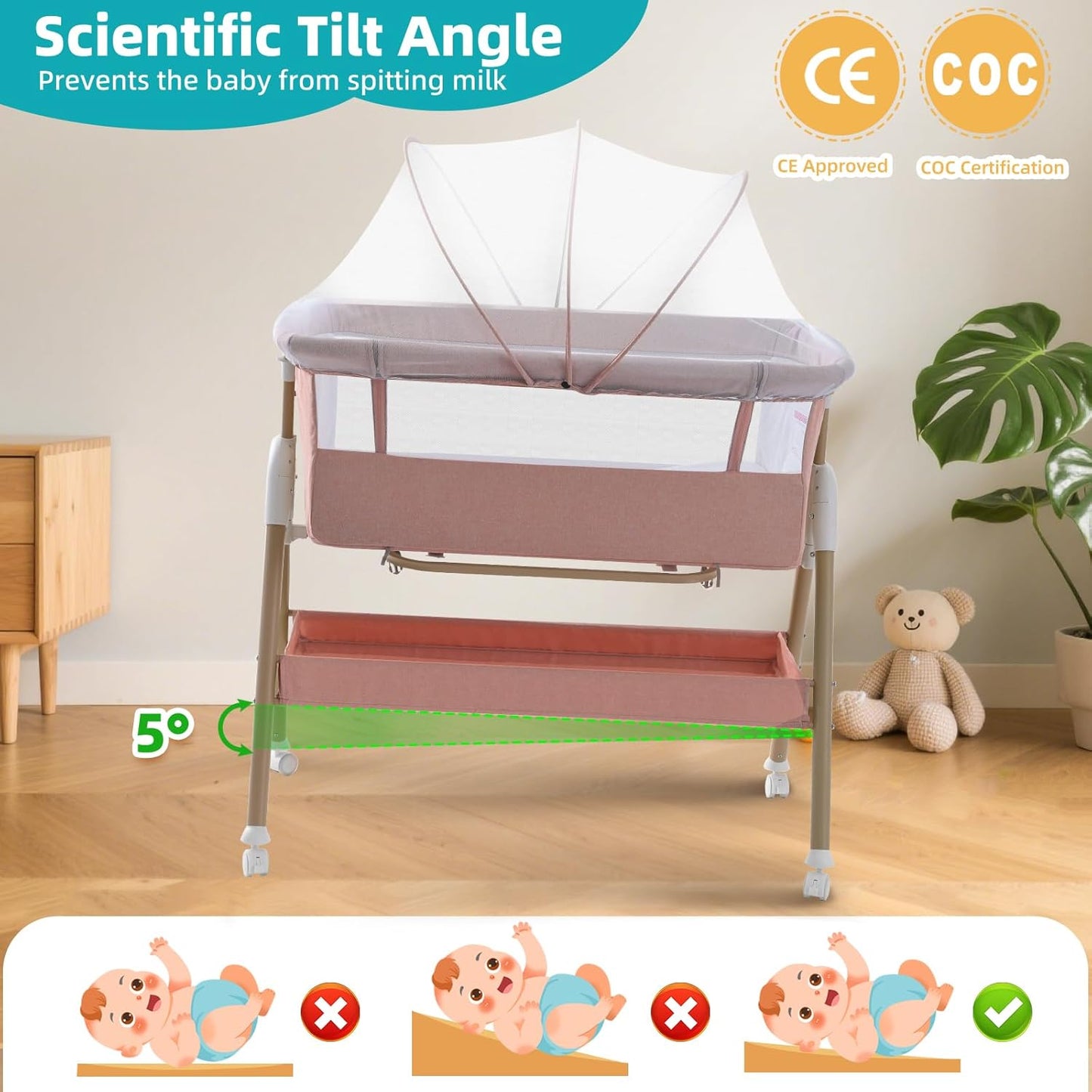 3 in 1 Baby beside Crib for Babies from Birth to 9Kg, Portable Baby Cot Bed Travel Baby Bassinet Bedside Crib Adjustable Height & Incline 4 Lockable Wheels Baby Co-Sleeper for Newborn Infant Pink