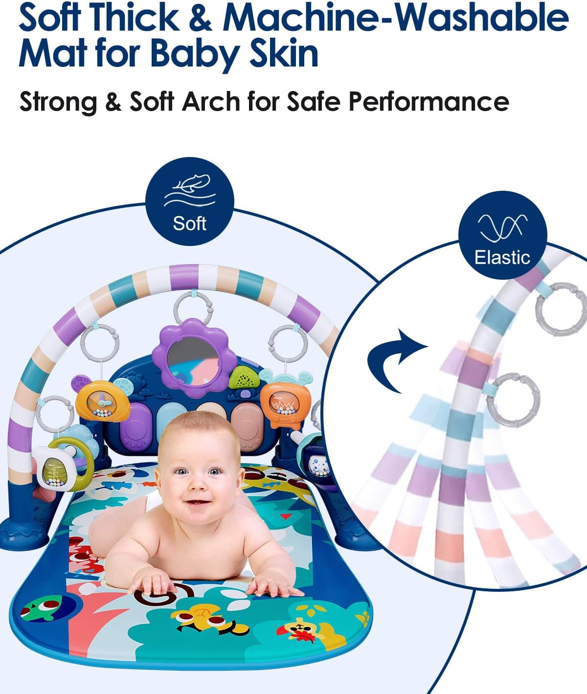 Baby Play Mat Baby Gym,Funny Play Piano Tummy Time Baby Activity Mat with 5 Infant Sensory Baby Toys, Music and Lights Boy & Girl Gifts for Newborn Baby 0 to 3 6 9 12 Months (Blue Tiger)