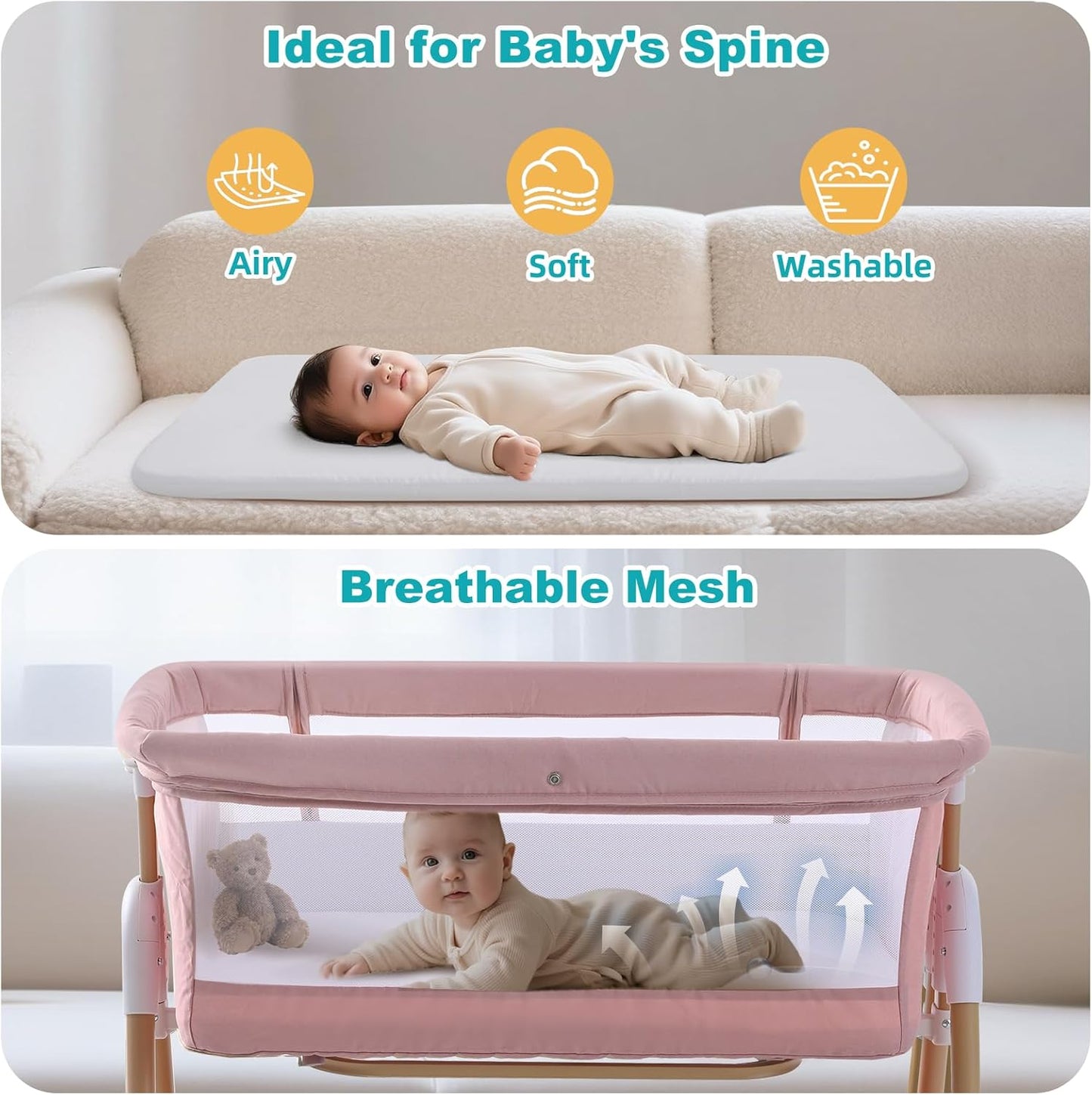3 in 1 Baby beside Crib for Babies from Birth to 9Kg, Portable Baby Cot Bed Travel Baby Bassinet Bedside Crib Adjustable Height & Incline 4 Lockable Wheels Baby Co-Sleeper for Newborn Infant Pink