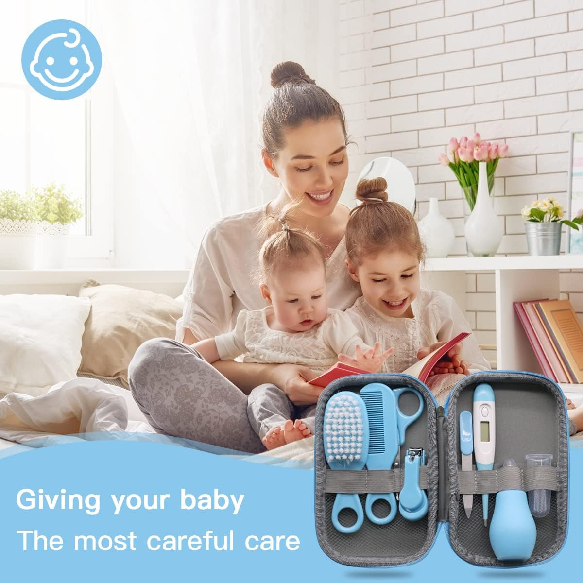 8Pcs Baby Grooming Kit, Newborn Baby Care Accessories with Zipper Box, Baby Hair Nail Thermometer Care Set, Baby Healthcare Set for Newborn Infant, Toddler Girls & Boys (Blue)