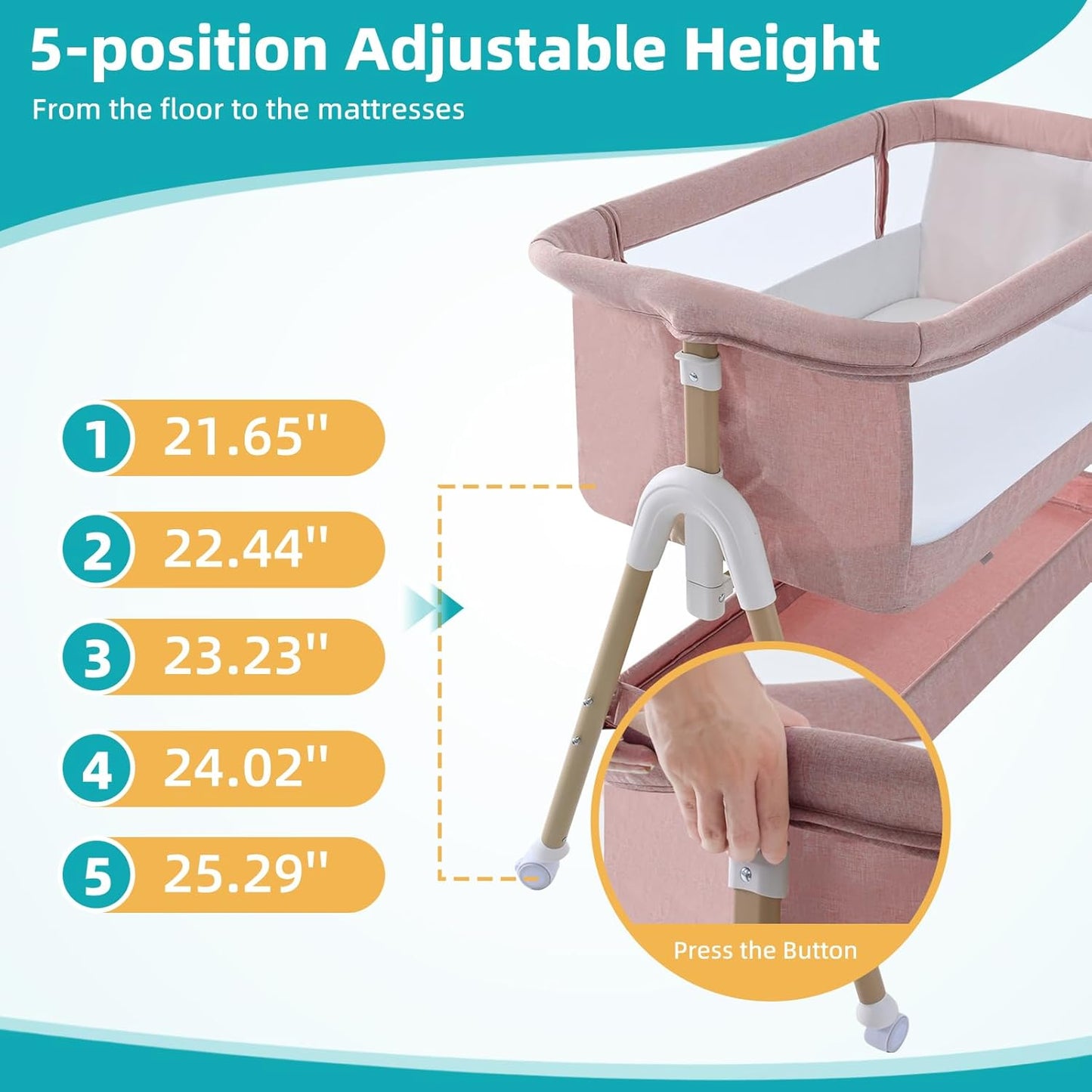 3 in 1 Baby beside Crib for Babies from Birth to 9Kg, Portable Baby Cot Bed Travel Baby Bassinet Bedside Crib Adjustable Height & Incline 4 Lockable Wheels Baby Co-Sleeper for Newborn Infant Pink