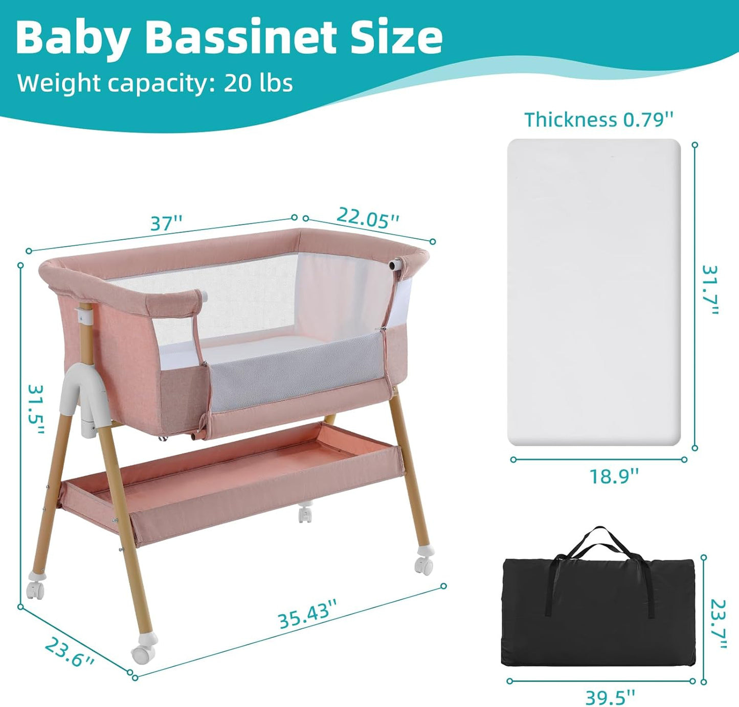 3 in 1 Baby beside Crib for Babies from Birth to 9Kg, Portable Baby Cot Bed Travel Baby Bassinet Bedside Crib Adjustable Height & Incline 4 Lockable Wheels Baby Co-Sleeper for Newborn Infant Pink