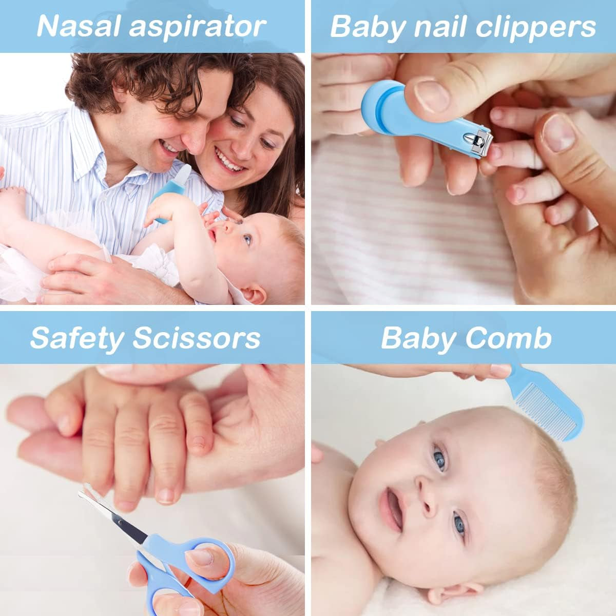 8Pcs Baby Grooming Kit, Newborn Baby Care Accessories with Zipper Box, Baby Hair Nail Thermometer Care Set, Baby Healthcare Set for Newborn Infant, Toddler Girls & Boys (Blue)