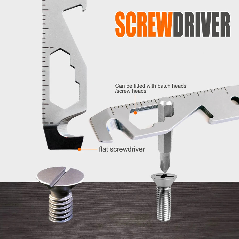 Inch/Metric 10 in 1 EDC Pocket Survival Tool Camping Screwdriver Bottle Opener Ruler Key Chain Outdoor Tools for Hiking Fishing