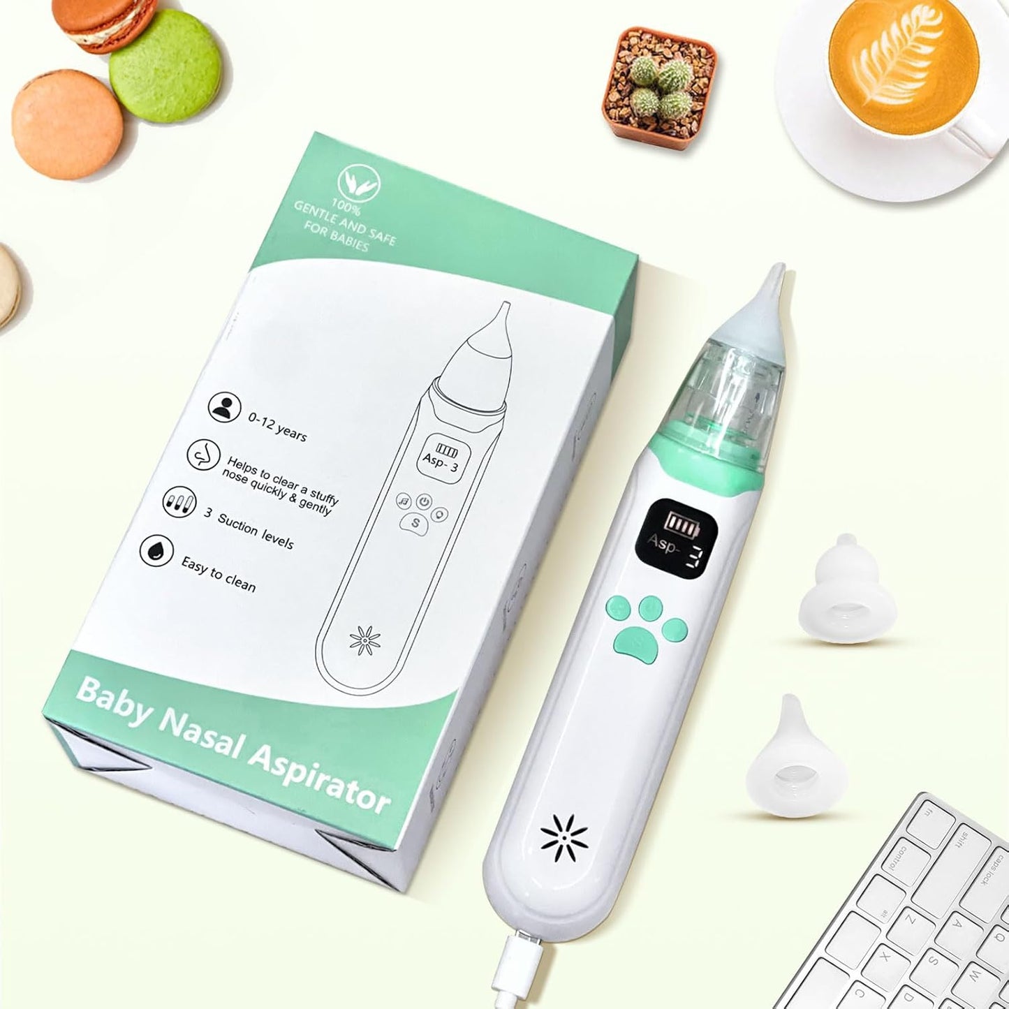 Electric Baby Nasal Aspirator, Baby Nose Cleaner, Baby Nose Sucker Vacuum Cleaner, Rechargeable Nose Cleaner with 3 Silicone Nozzles and 3 Suction Levels, White Green