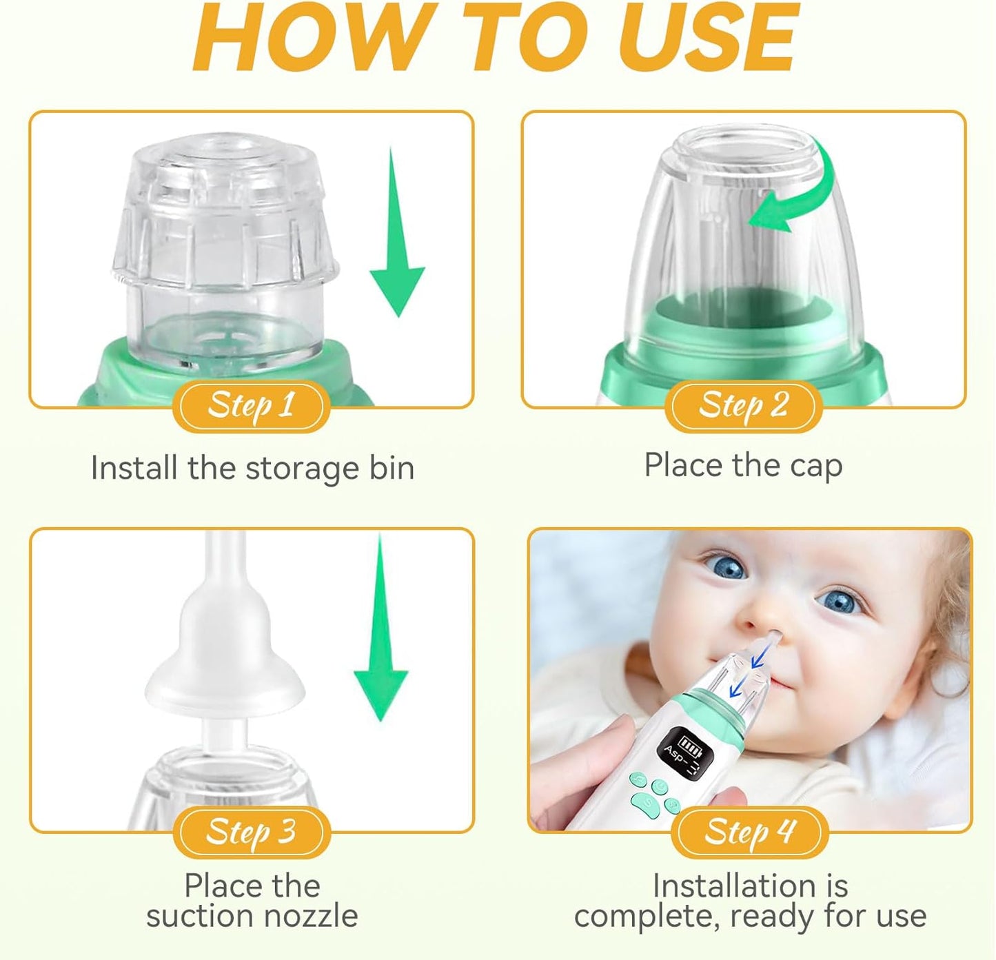 Electric Baby Nasal Aspirator, Baby Nose Cleaner, Baby Nose Sucker Vacuum Cleaner, Rechargeable Nose Cleaner with 3 Silicone Nozzles and 3 Suction Levels, White Green
