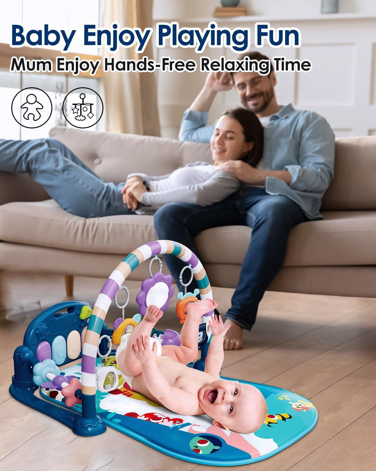 Baby Play Mat Baby Gym,Funny Play Piano Tummy Time Baby Activity Mat with 5 Infant Sensory Baby Toys, Music and Lights Boy & Girl Gifts for Newborn Baby 0 to 3 6 9 12 Months (Blue Tiger)