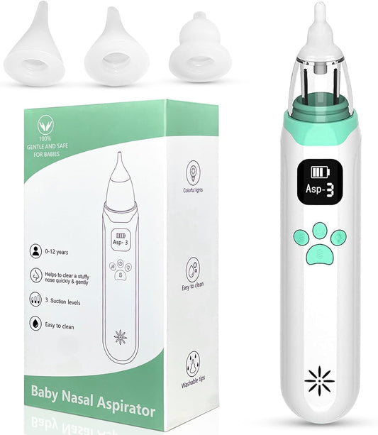 Electric Baby Nasal Aspirator, Baby Nose Cleaner, Baby Nose Sucker Vacuum Cleaner, Rechargeable Nose Cleaner with 3 Silicone Nozzles and 3 Suction Levels, White Green