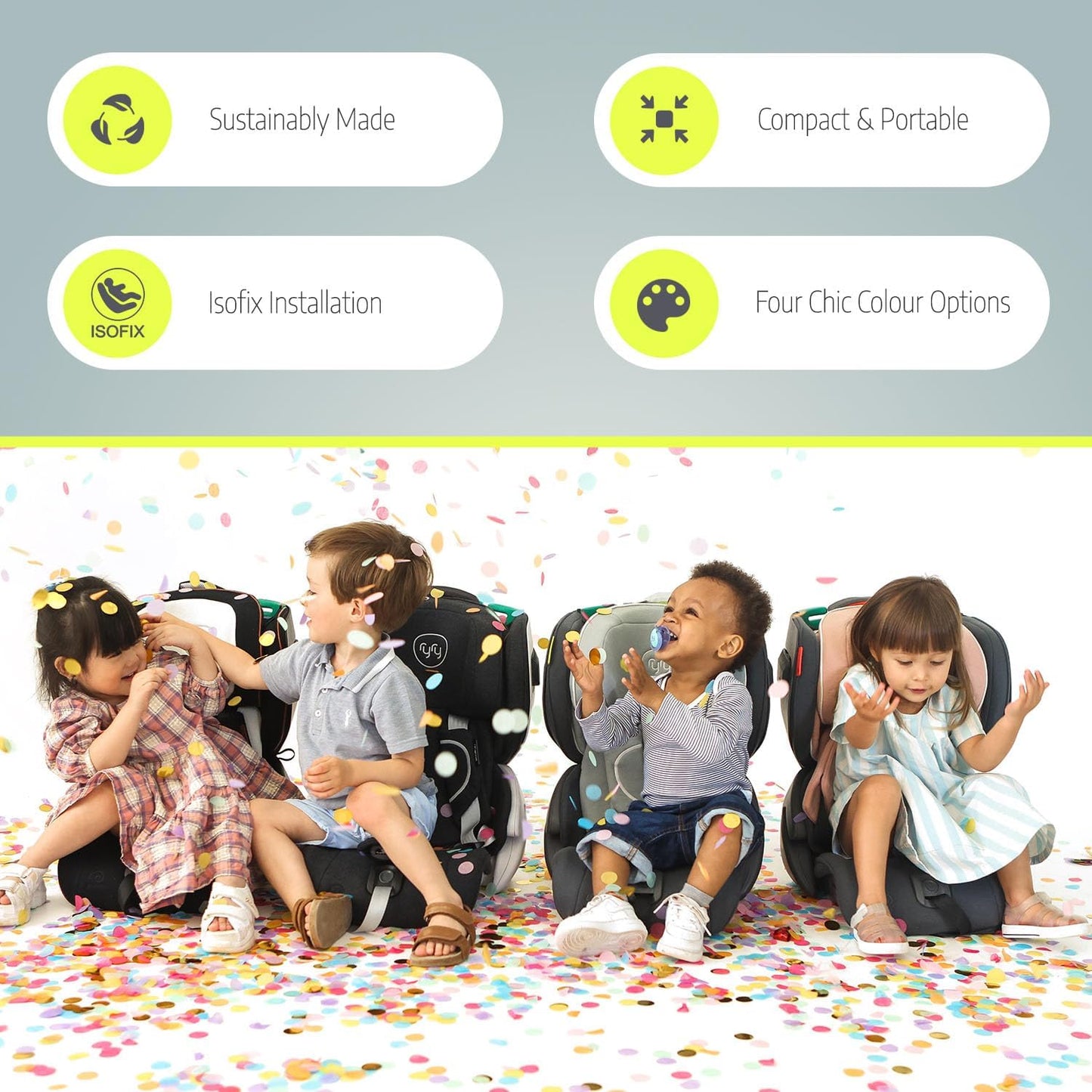 Ryry Scallop Foldable & Compact Toddler Car Seat with Travel Bag – Isofix/Top Tether/Seat Belt Fittings – 4 Color Options – for Kids 15 Months+ – Premium British Design