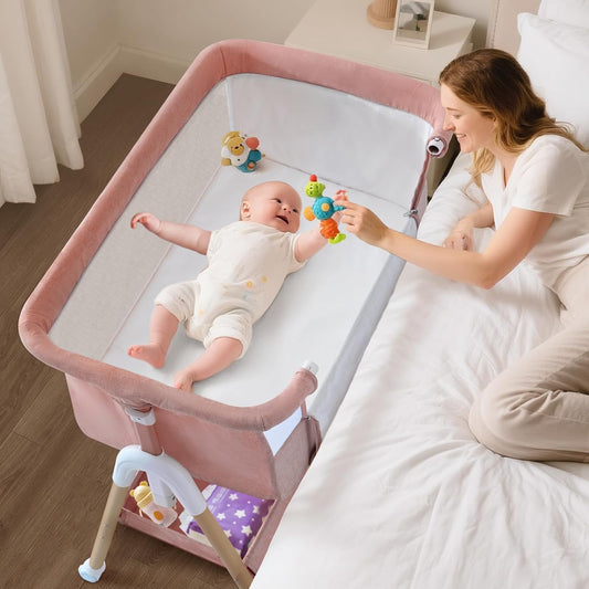 3 in 1 Baby beside Crib for Babies from Birth to 9Kg, Portable Baby Cot Bed Travel Baby Bassinet Bedside Crib Adjustable Height & Incline 4 Lockable Wheels Baby Co-Sleeper for Newborn Infant Pink