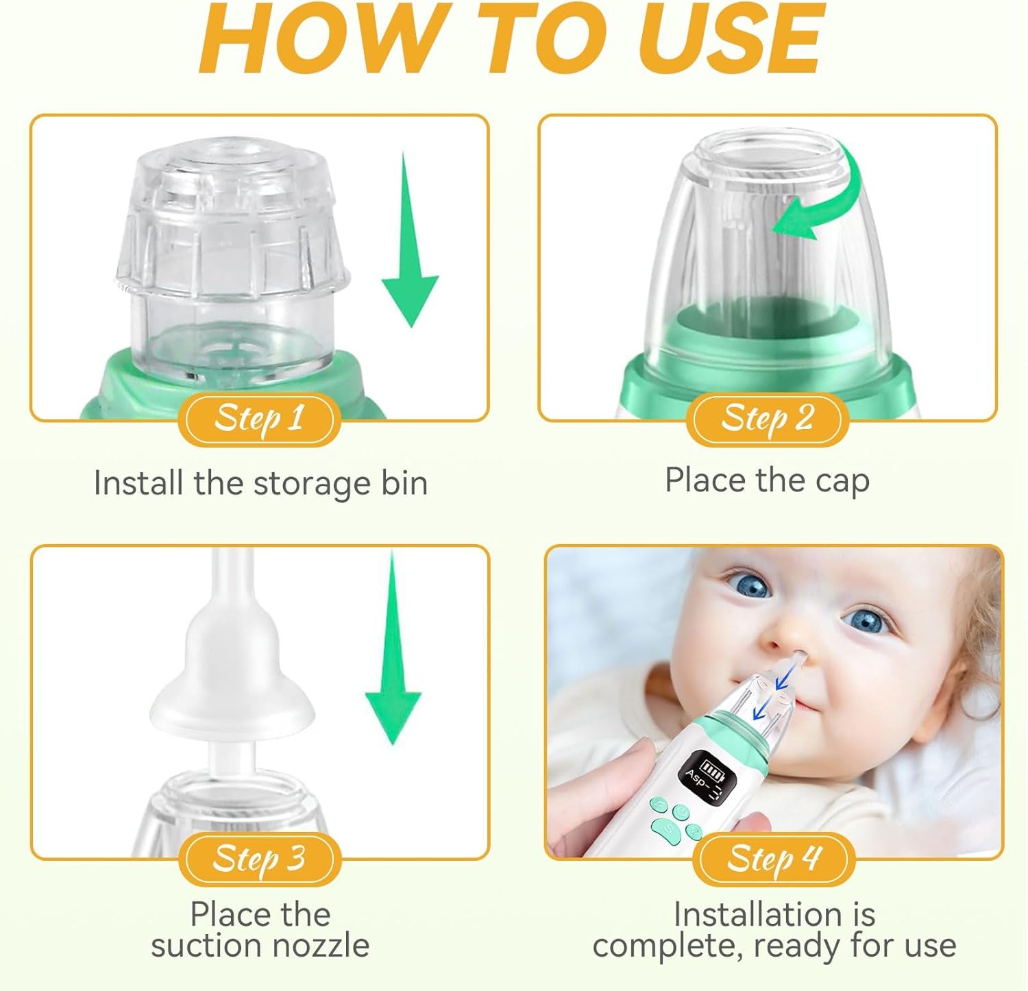 Electric Baby Nasal Aspirator, Baby Nose Cleaner, Baby Nose Sucker Vacuum Cleaner, Rechargeable Nose Cleaner with 3 Silicone Nozzles and 3 Suction Levels, White Green